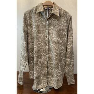 Christopher & Banks blouse Size Small Long Sleeve Tan Brown White w/ Horses